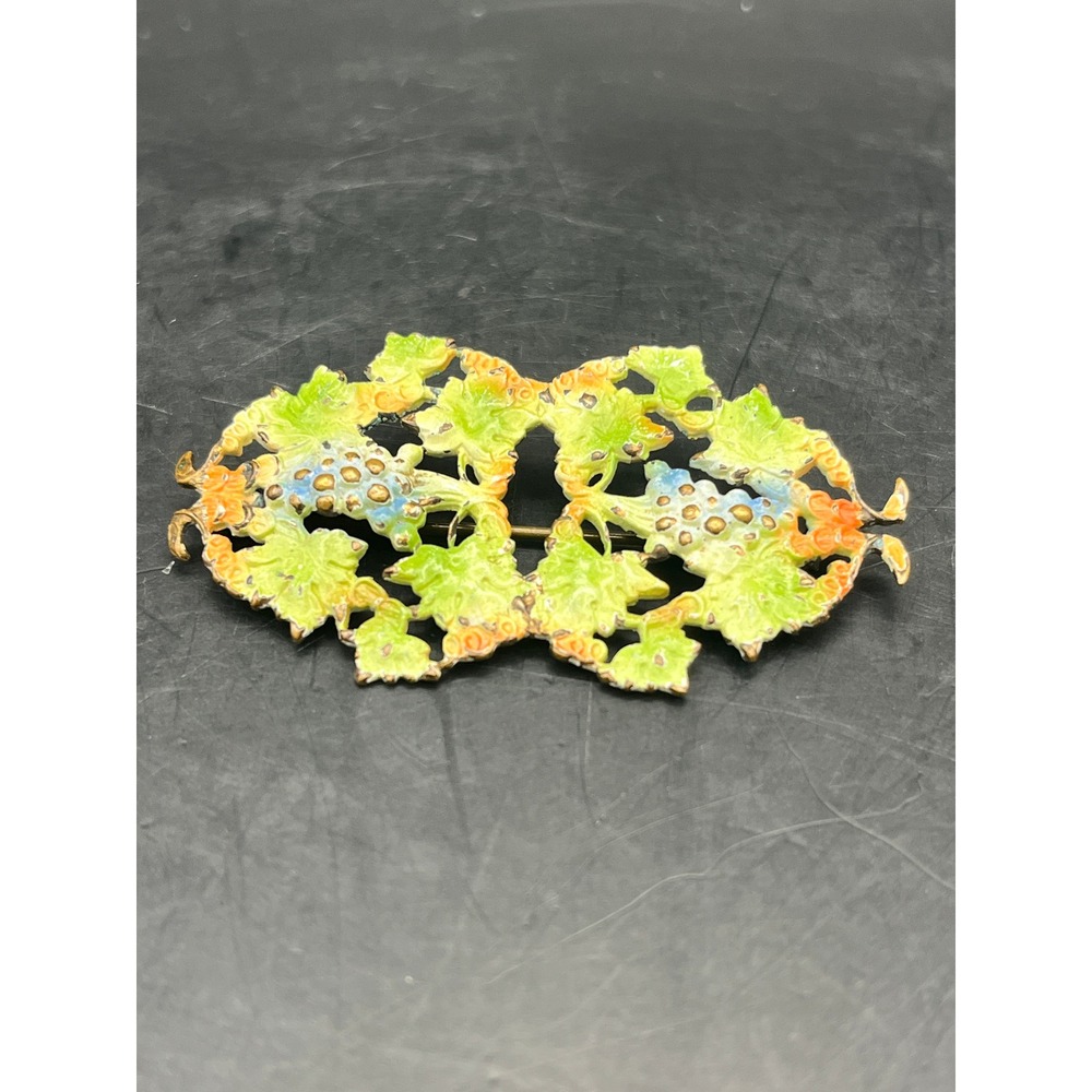 Vintage Enameled Grape Cluster Brooch Colorful Green Gold Tone Pin 2.25" x 1.25"